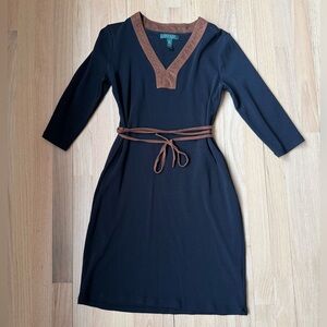 Ralph Lauren Black Cotton Dress with Faux Suede trim & Belt. Size Medium Petite.